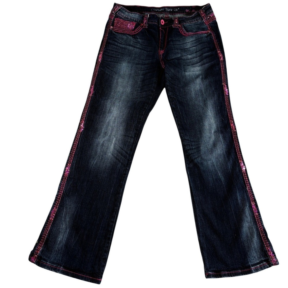 Cowgirl Tuff Co. Hot Pink Stitch Bootcut Jeans Womens 32x31 Blue Western Sequin